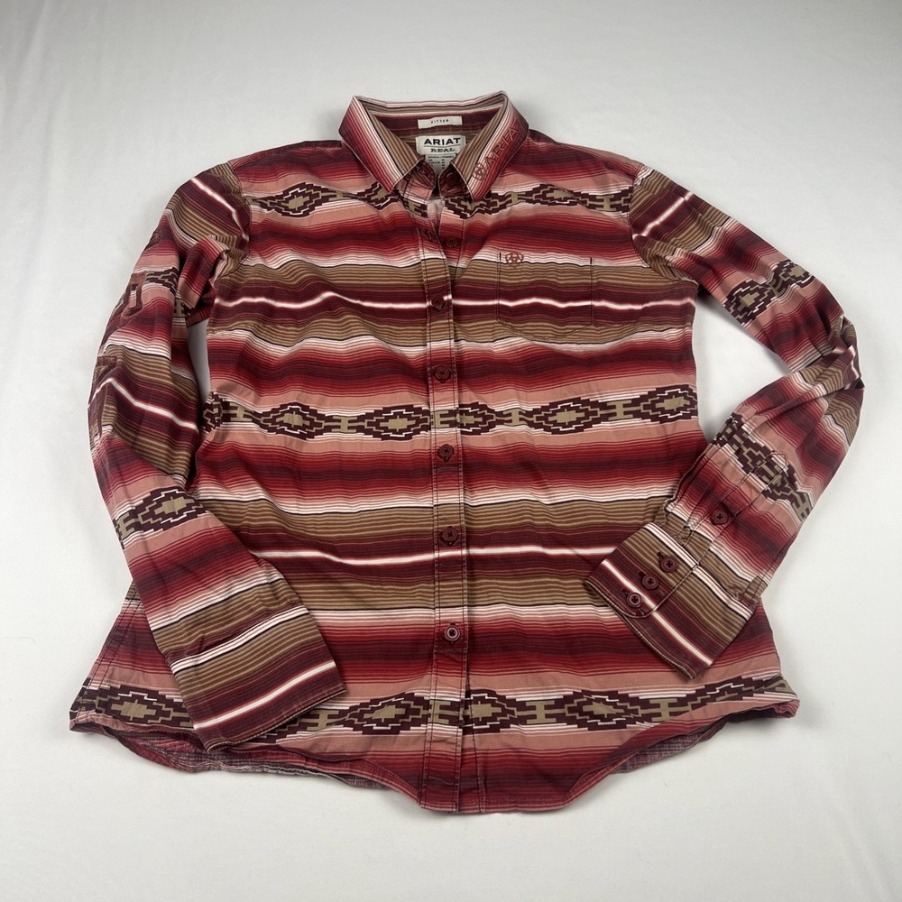Ariat REAL Womens Medium Fitted Southwestern Serape Button Down Shirt Red Tan